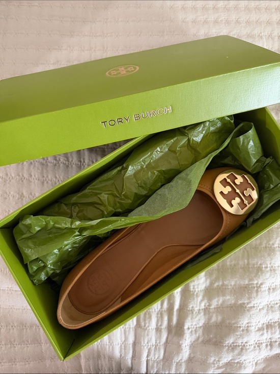 Tory Burch Shoes - Tory Burch Tan Leather Logo Ballet Flat with Gold Emblem